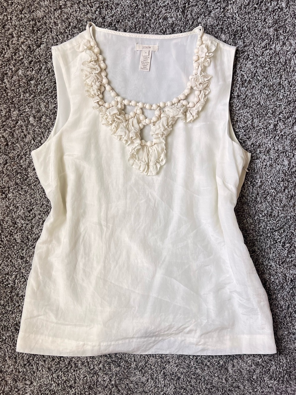 J. Crew White Sleeveless Linen Top with Beaded Floral Neckline